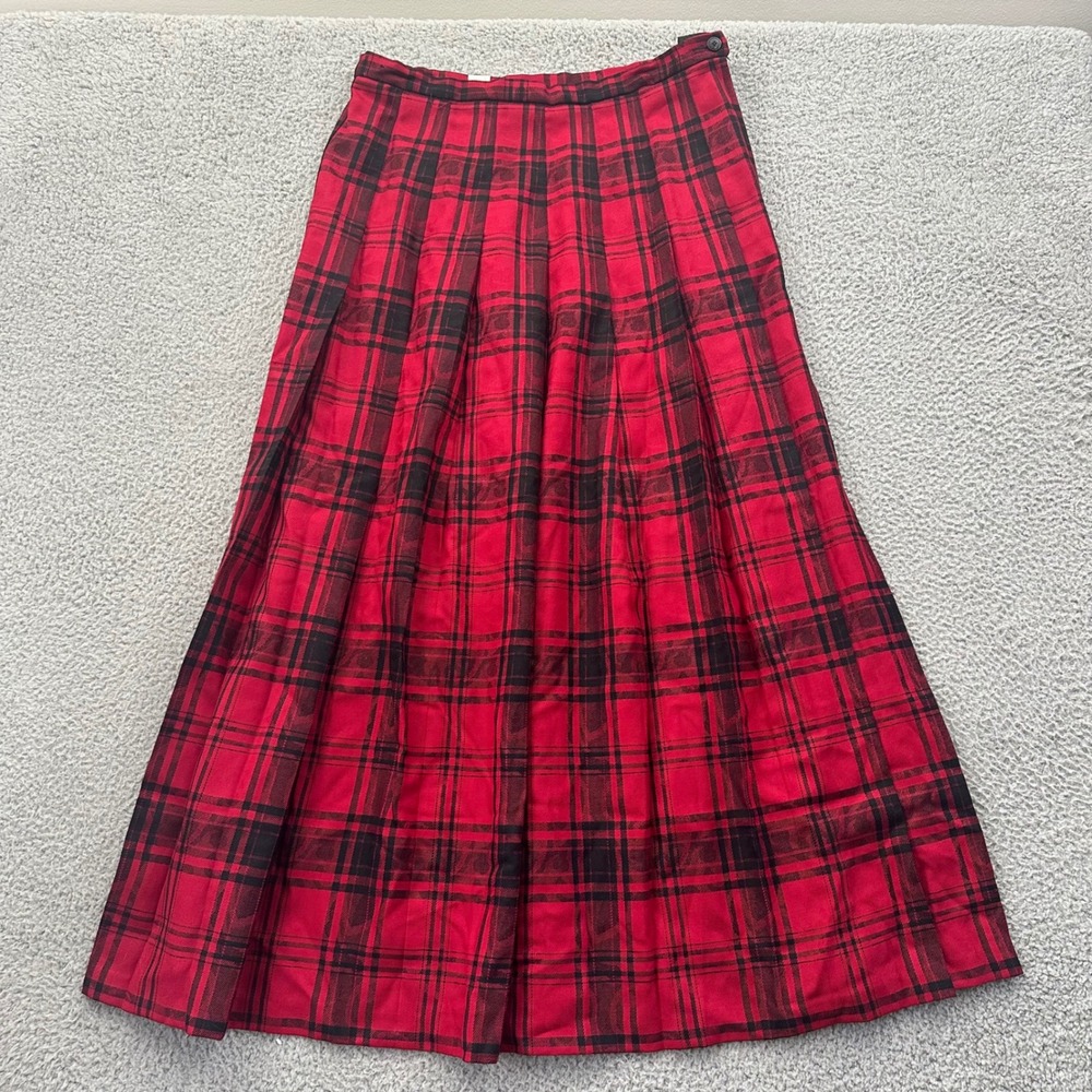 Vintage Pendleton Tall Red Black Plaid Wool Maxi Skirt Size 10 USA Made Pleated